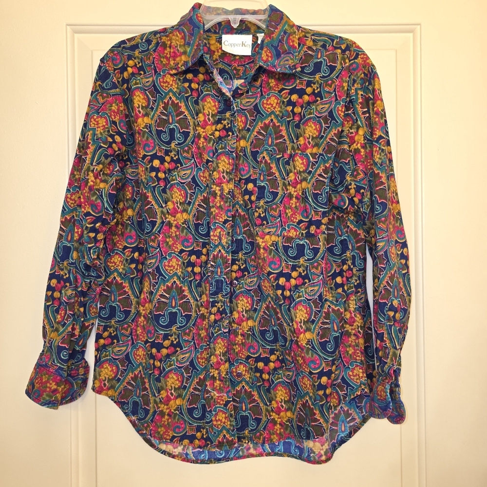 Sz M Vtg Copper Key Womens 100% cotton Ribbed Button Up shirt multicolor paisley